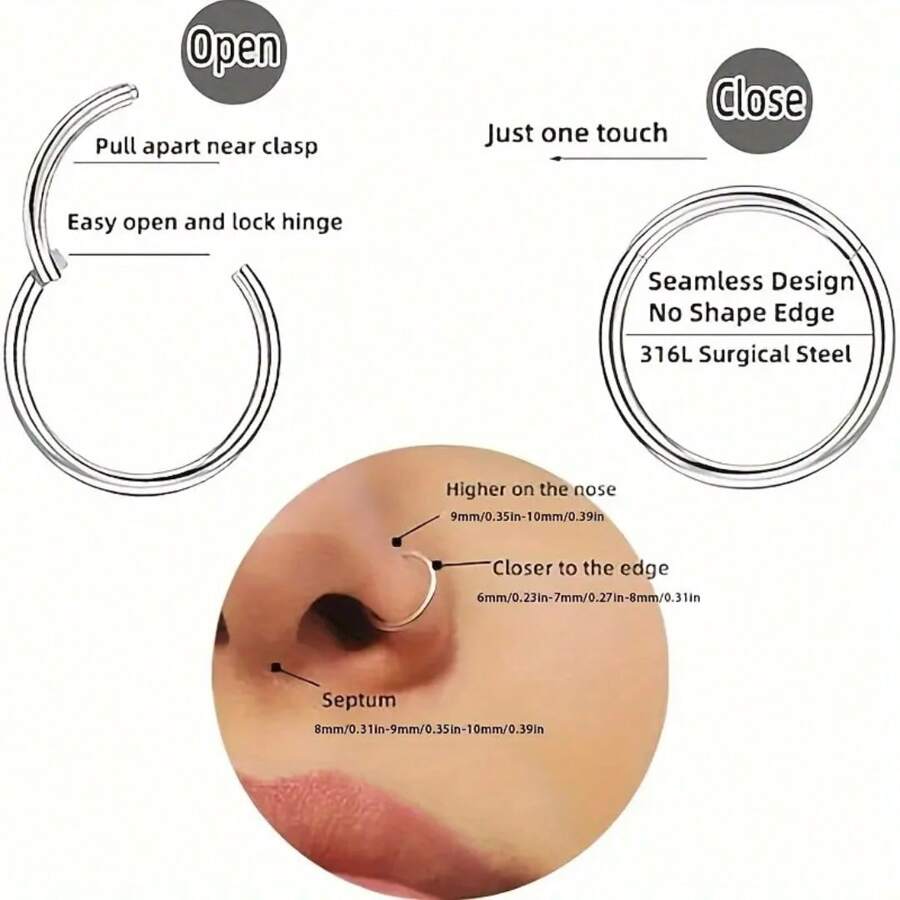 12 Pcs Hypoallergenic 316L Surgical Stainless Steel Nose Rings Hoops