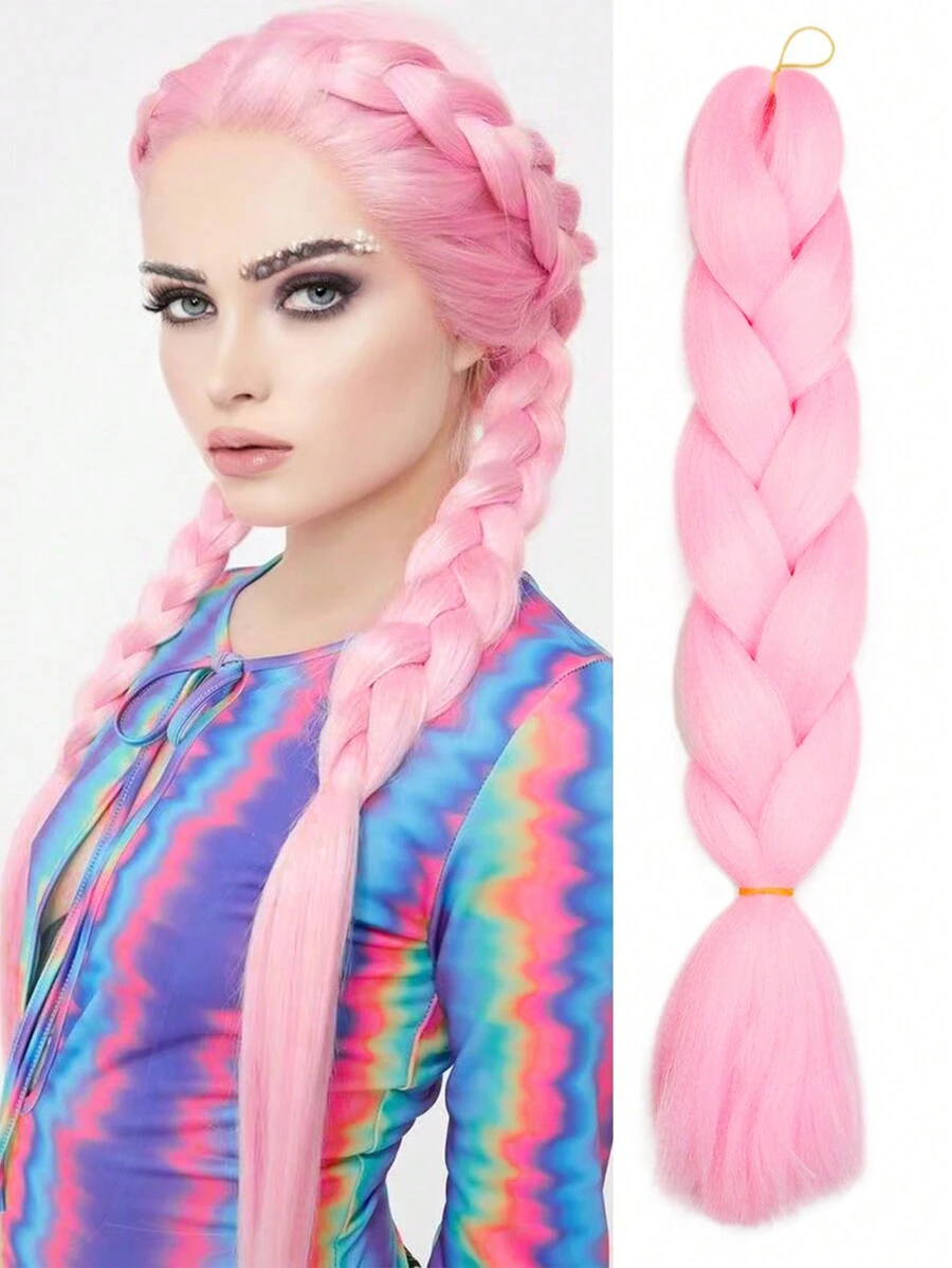 1 Large Pack 24 Inch Women's Cosplay Braided Hair Extensions, Deep Pink Fashion Synthetic Hair, Crochet Hair Extensions, Heat Resistant Braided Hair Extensions, Suitable For Halloween, Carnival And Music Festivals - Pink - View 1