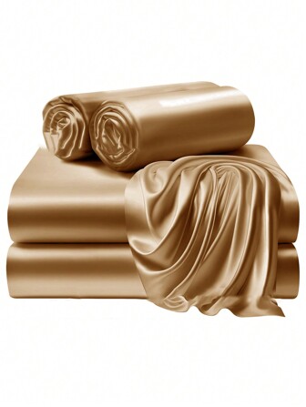 4 Piezas Juego De Cama De Color Sólido (1 Sábana Ajustada, 1 Sábana Plana, 2 Funda De Almohada, Sin Núcleo De Almohada)