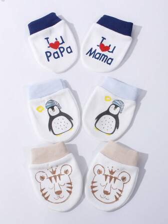 3 pares de guantes anti-arañazos con diseño de tigre, pingüino y alfabeto para recién nacidos, para uso diario, ideales como regalo de Navidad