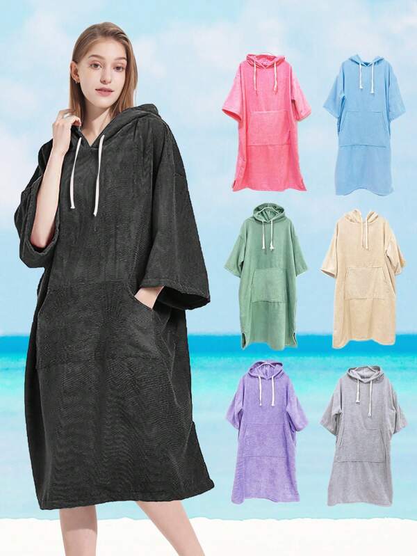 Bata de baño con capucha de unicolor y mangas, estilo minimalista de fibra super fina, bata de baño de toalla rizo con capucha para playa, surf, natación, engrosada y cálida capa de playa con sombrero y cuerda para adultos, para boda, hogar, baño, decoración de playa, vuelta al cole