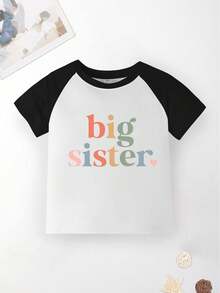 年輕女孩可愛口號印花彩色拼接網球袖喇叭袖T恤上衣，休閒圓領套頭夏季款 - 黑色 - 查看 1