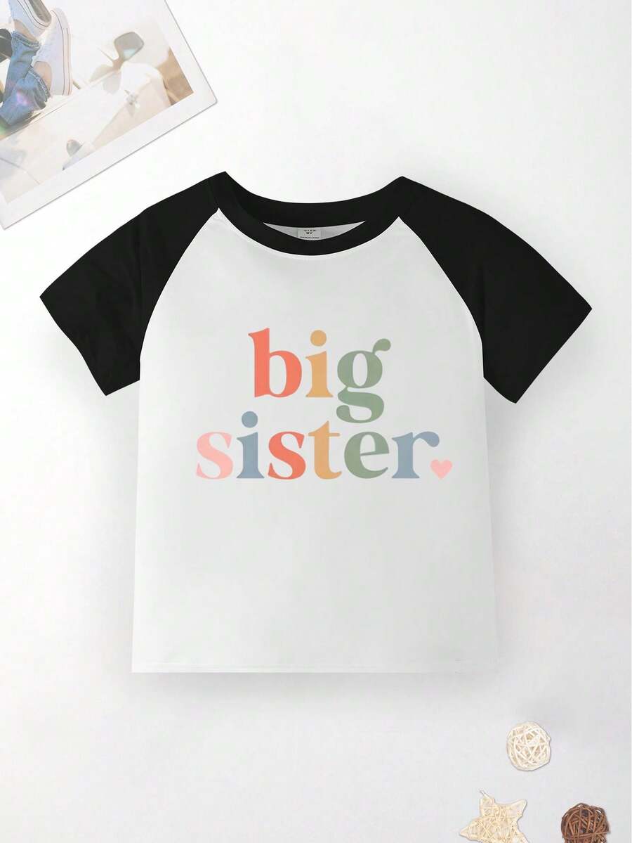 年輕女孩可愛口號印花彩色拼接網球袖喇叭袖T恤上衣，休閒圓領套頭夏季款 - 黑色 - 查看 1