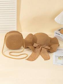 Boho 2pcs/Set Khaki Wave Pattern Beach Sun Hat And Round Woven Bag, Suitable For Daily Vacation Travel Valentines Gift - Khaki - View 3