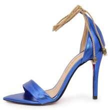 Sandália de Grife Feminina Azul Salto Alto Bico Folha Fecho de Cordão Confortável Moderna Versátil