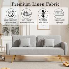 70.47" Fabric Double Split Backrest And Two Throw Pillows, Sleeper Sofa,Mid Century Modern Futon Loveseat Sofa With Gold Metal Legs And Midfoot For Small Spaces Living Room, Bedroom - Xám - Xem 7