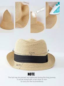 1pc Unisex Kids' Black Band Decorated Simple & Stylish Natural-Colored Panama Straw Hat With Upturned Brim, Suitable For Outdoor Activities And Beach Vacation - Beige - View 4