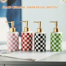 1pc Fashionable Red, Pink, Green & Black Checkerboard Ceramic Soap Dispenser With Manual Pump - 10.55oz Bottle, Suitable For Bathroom And Kitchen - Easy To Use Soap Dispenser, Refillable Empty Container For Shampoo, Body Wash, Hand Soap Etc, Bathroom Accessory - Red - View 3