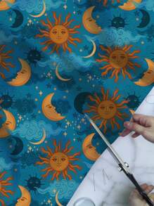 Tela con estampado de sol y luna azul, de una sola pieza, adecuada para hacer manteles y ropa