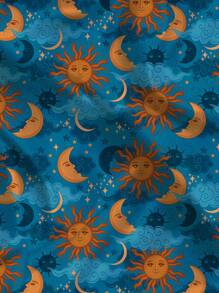 Tela con estampado de sol y luna azul, de una sola pieza, adecuada para hacer manteles y ropa