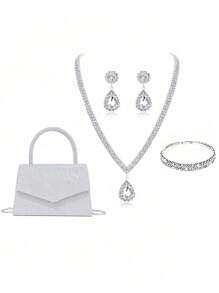 Women's Fashionable Party Clutch With Rhinestone Detailing And,4pcs Jewelry Set (Crystal Clutch,Claw Chain,Tassel Bracelet,Earrings And Necklace)Tready Bride Bag, Perfect For Party,Wedding, Prom,Dinner/Banquet, Matching With Wedding Dress, Formal Dresses, Prom Dress, Birthday Dress, Party Dress