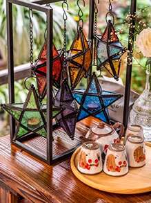 1pc European Style Vintage Windproof Colored Glass Candle Holder, Hanging Iron Art Star Glass Candle Holder With Floral Pattern (Candles Not Included), Festival Decoration Colorful Star Ornament,Home Decor ,Room Decor,Wall Decor Gifts Birthday Graduation