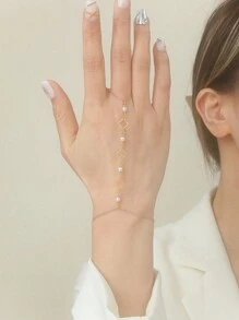 1 件串珠连接手指手镯女士女孩礼物性感波西米亚双层链条手链朋友聚会手饰 - 金黃色 - 查看 2