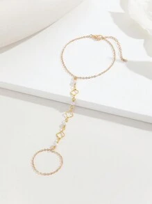 1 件串珠连接手指手镯女士女孩礼物性感波西米亚双层链条手链朋友聚会手饰 - 金黃色 - 查看 4