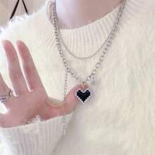 1pc Hip-Hop Style Black Heart, Geometric Circle Shaped Double Layer Chain Necklace For Women Valentines