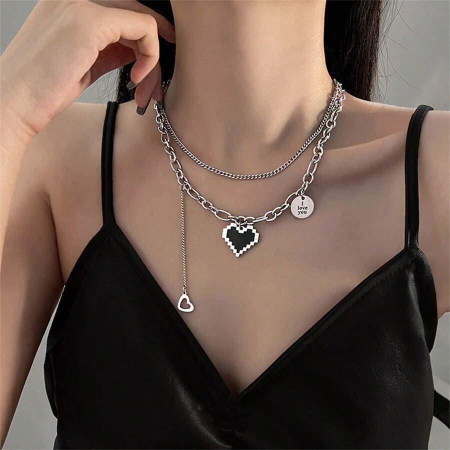 1pc Hip-Hop Style Black Heart, Geometric Circle Shaped Double Layer Chain Necklace For Women Valentines