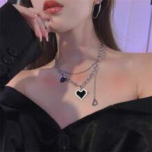 1pc Hip-Hop Style Black Heart, Geometric Circle Shaped Double Layer Chain Necklace For Women Valentines