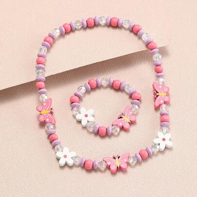 2Pcs Children Girls Wooden Pink Butterfly Charm Necklace With Bracelet Set For Little Princess Daily Wear Party Kids Gifts
