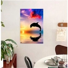 1入組無邊框壁藝畫布裝飾畫，日落跳躍海豚畫布，現代家居禮品裝飾畫書房臥室廚房浴室 - 彩色 - 查看 3