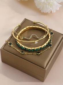 4pcs/Set Fashionable Green Rhinestone Snake Design Bracelet Set - Yellow Gold - View 5