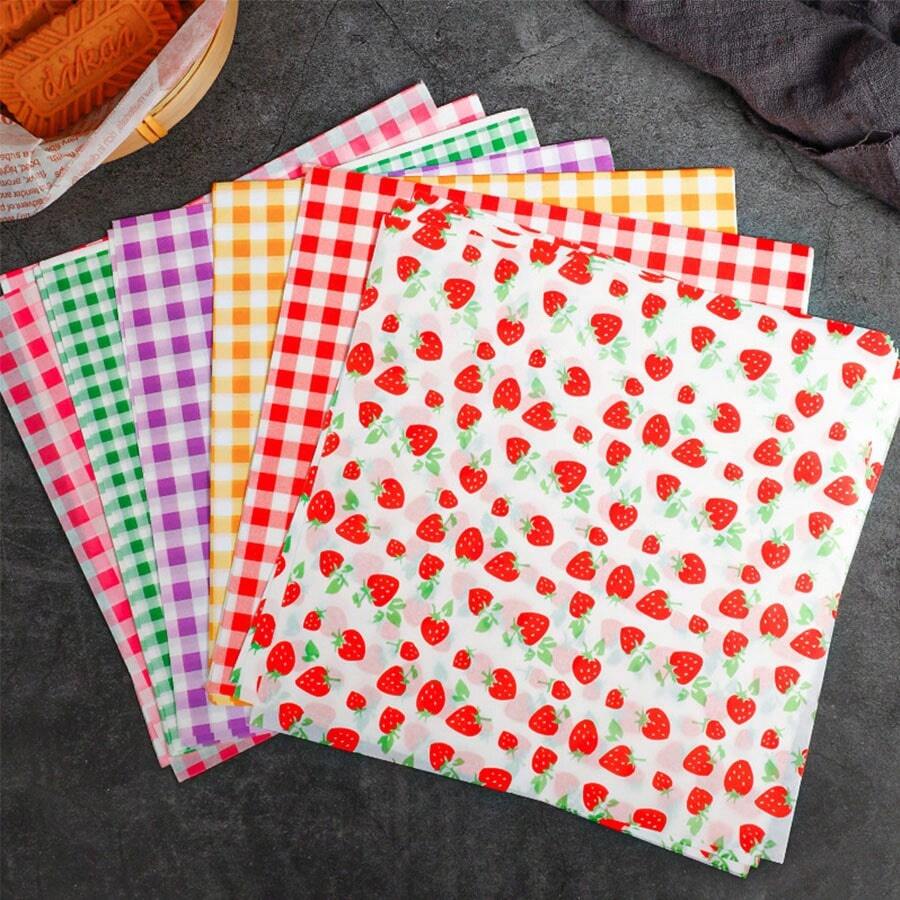 100pcs Random Color Baking Cake Decoration Colorful Greaseproof Paper Fruit, Strawberry & Checkered Print Paper For Lunch Box And Placemat Gift Bag Party Kitchen - Multicolor - View 1