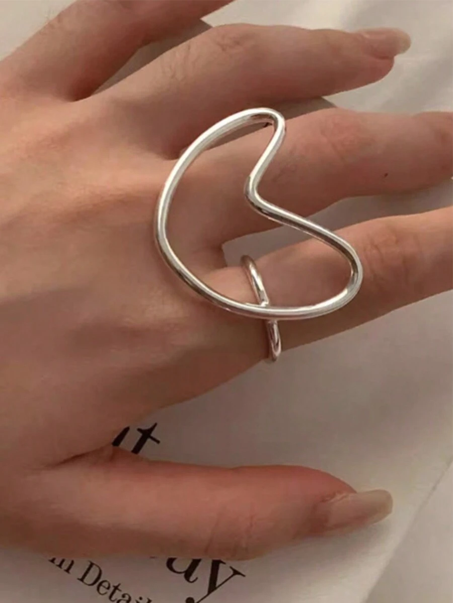 1 Anillo De Corazón De Línea Simple Y Exagerado Para Mujeres, Ajustable Y Adecuado Para Uso Diario - Plateado - Ver 1