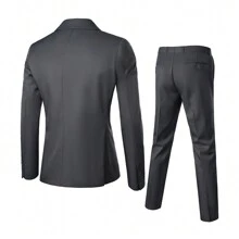 Men's Lapel Collar Business Suit Set For All Seasons - Dark Grey - View 2