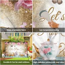 Tea Party Backdrop Pink Rose Floral Gold Butterfly Teapot Let's Partea Background Spring Girl Princess Wonderland Afternoon Tea Cake Table Decorations Supplies 59x39 Inch - Gold - View 3