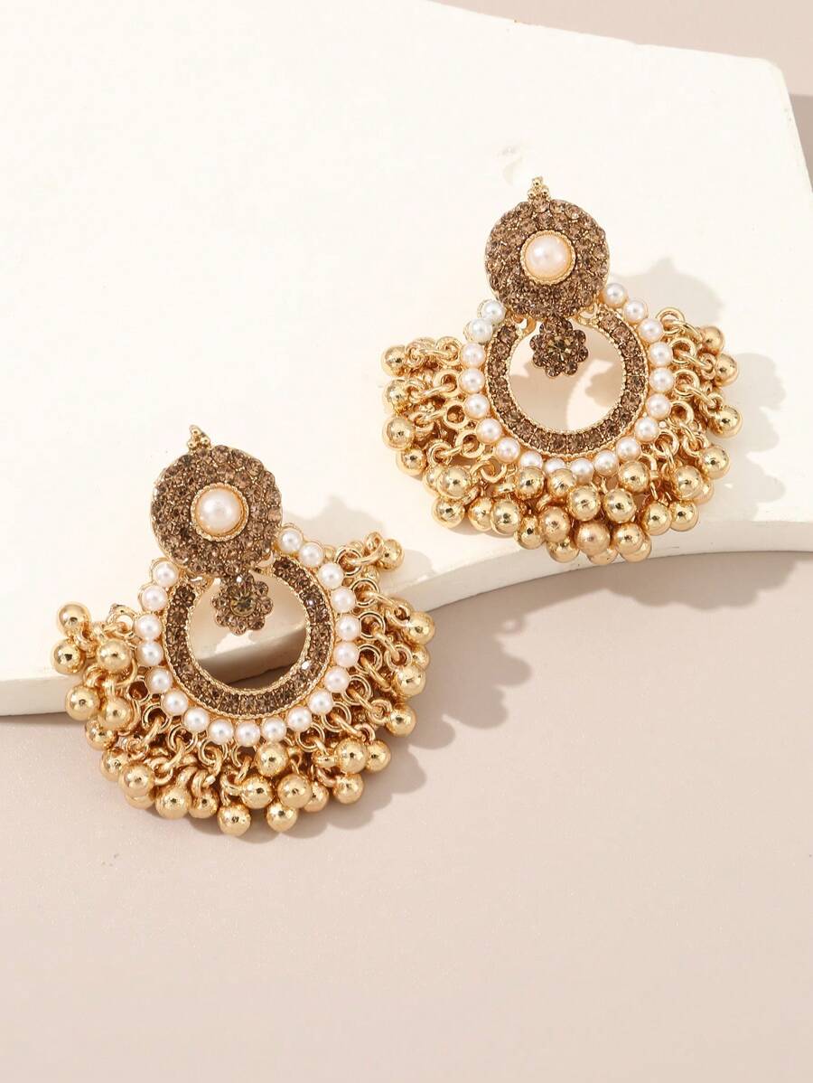 NAIZHU 1pair Of Luxurious Exaggerated Vintage Bohemian Style Hollow Out Rhinestone Earrings, Perfect For Party, Women's Fashion Accessory - Gold - View 1