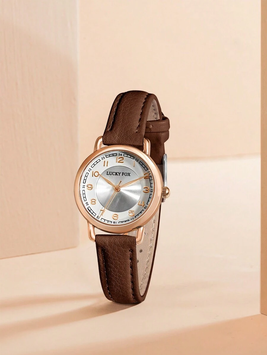 1pc LUCKYFOX Unisex Student Simple Quartz Watch, Rose Gold Fashion Leather Strap Watch Suitable For Daily Life, Commuting, Daily Gift - Brown - View 1