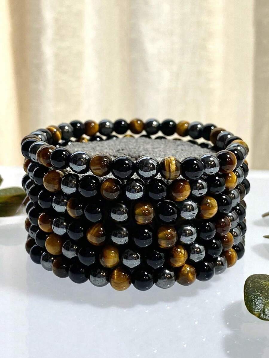 2/4/6pcs/Set Minimalist Tiger's Eye Stone & Hematite Energy Stone Lucky Bracelet For Men And Women Suitable For Any Occasion - Multicolor - View 1