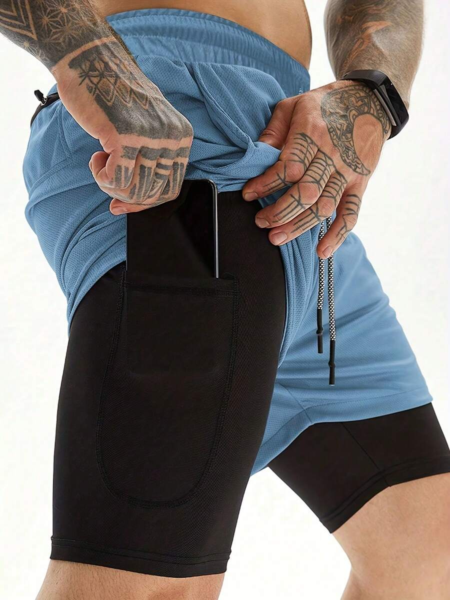Boyfriend Style Men Gym Running Shorts Athletic Workout Clothes For Boyfriend Style Men Quick-Dry Shorts With Zipper Pockets - Baby Blue - View 1