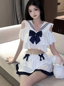 2pcs Sexy Student Clothes Sexy Lingerie Innocent Student Clothes Sexy Uniform Jk Sexy Suit,Sexy Style Lingerie, Skirt Included, Sexy Lingerie For Women, Lace Baby Doll,Sexy Women Costume Sets - 黑色 - 查看 2