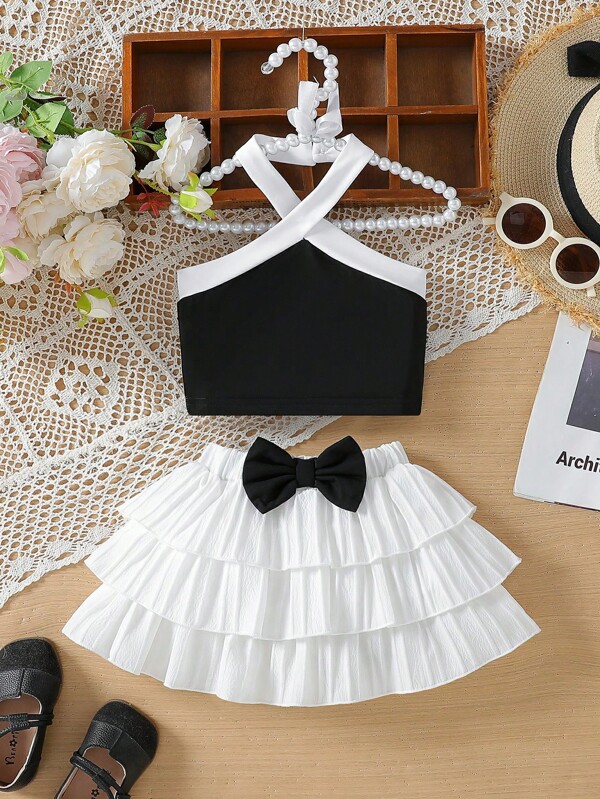 Elegant Baby Girl Halterneck Vest Top And Bow Decor Layered Cake Skirt Set, Suitable For Parties In Summer