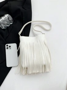 Túi đeo chéo tua rua cổ điển thời trang và cá tính, Túi đeo vai phong cách Bohemian, Ví vuông trang trí tua rua Túi Messenger giải trí, Thích hợp cho du lịch và sử dụng hàng ngày, Túi đeo chéo đi làm công sở di động Da PU nửa tháng Túi đeo chéo tua rua Túi xách nhỏ - trắng - Xem 6