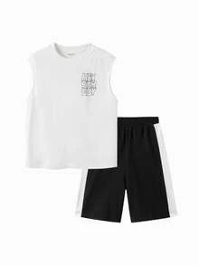 Balabala Bộ ngắn tay cho trẻ em, Bộ sưu tập hè 2024, Áo vest bé trai 2 mảnh in hình, thời trang - Đen và trắng - Xem 1