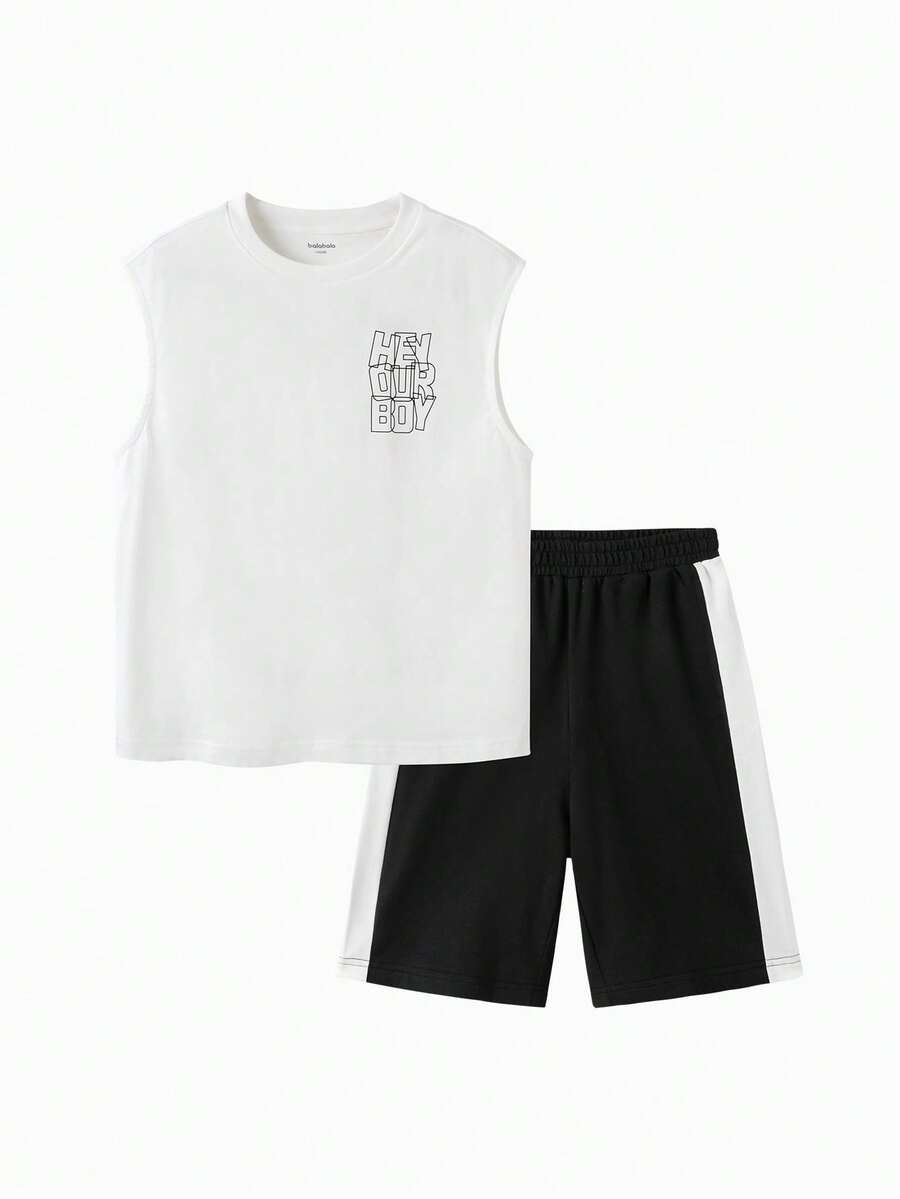 Balabala Bộ ngắn tay cho trẻ em, Bộ sưu tập hè 2024, Áo vest bé trai 2 mảnh in hình, thời trang - Đen và trắng - Xem 1