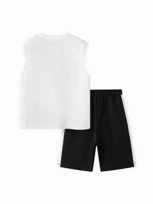 Balabala Bộ ngắn tay cho trẻ em, Bộ sưu tập hè 2024, Áo vest bé trai 2 mảnh in hình, thời trang - Đen và trắng - Xem 2