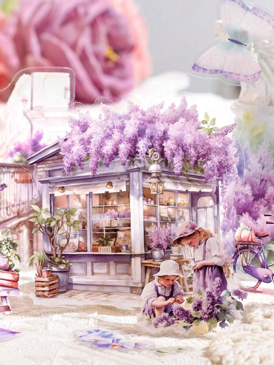 CANDY POETRY 30pcs/Pack Garden Landscape Style Stickers For Journaling, Vintage Aesthetic Stickers For Diy Decoration And Collage, Personalized Scrapbook Material, School Stationery Supplies Back To School - Purple - View 1