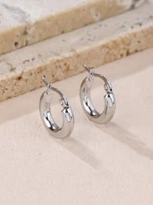 1pair Stainless Steel Mini Round Earrings - Silver - View 2