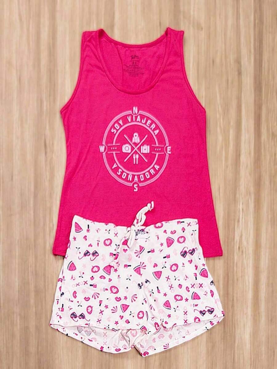 Pijama Shorts Soy Viajera y Soñadora - Rosa Fucsia - Ver 1