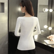 Suéter Para Mujer Blusa Moda Elegantes Ligero Manga Largas, Suéter de punto de manga larga para mujer, Jersey informal de estilo coreano, prendas de punto ajustadas blancas Gris Rosa - Blanco - Ver 6