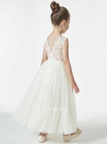 Cô Gái Trẻ Vintage Boho Ren Xù Viền Voan Tutu Chữ A Không Tay Váy Maxi Hoa Bé Gái - Ngà voi - Xem 1