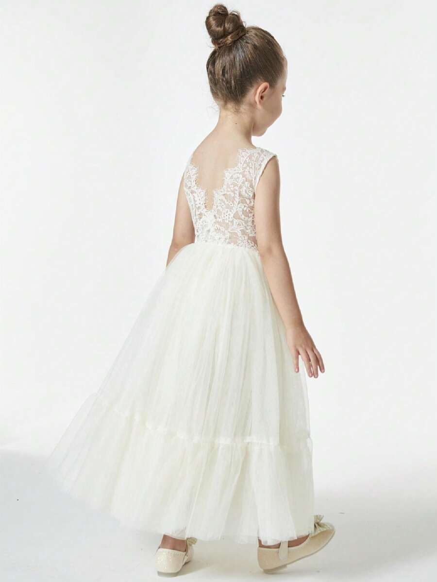 Cô Gái Trẻ Vintage Boho Ren Xù Viền Voan Tutu Chữ A Không Tay Váy Maxi Hoa Bé Gái - Ngà voi - Xem 1