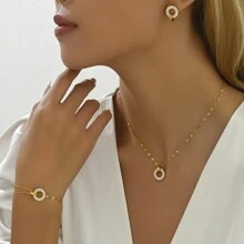 4pcs/Set Golden Stainless Steel Lips Chain & Cz Square & Circle Necklace & Bracelet & Earrings Combination Set, Y2k Style Fashionable Accessory For Women, Couples, Streetwear, Daily Wear, Office, Festival And Party Outfits