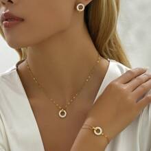 4pcs/Set Golden Stainless Steel Lips Chain & Cz Square & Circle Necklace & Bracelet & Earrings Combination Set, Y2k Style Fashionable Accessory For Women, Couples, Streetwear, Daily Wear, Office, Festival And Party Outfits