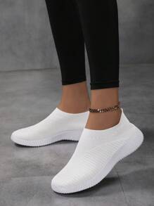 Women Slip-On Lightweight Comfortable White Flat Shoes, Breathable Knitted Casual Women Shoes - White - View 5