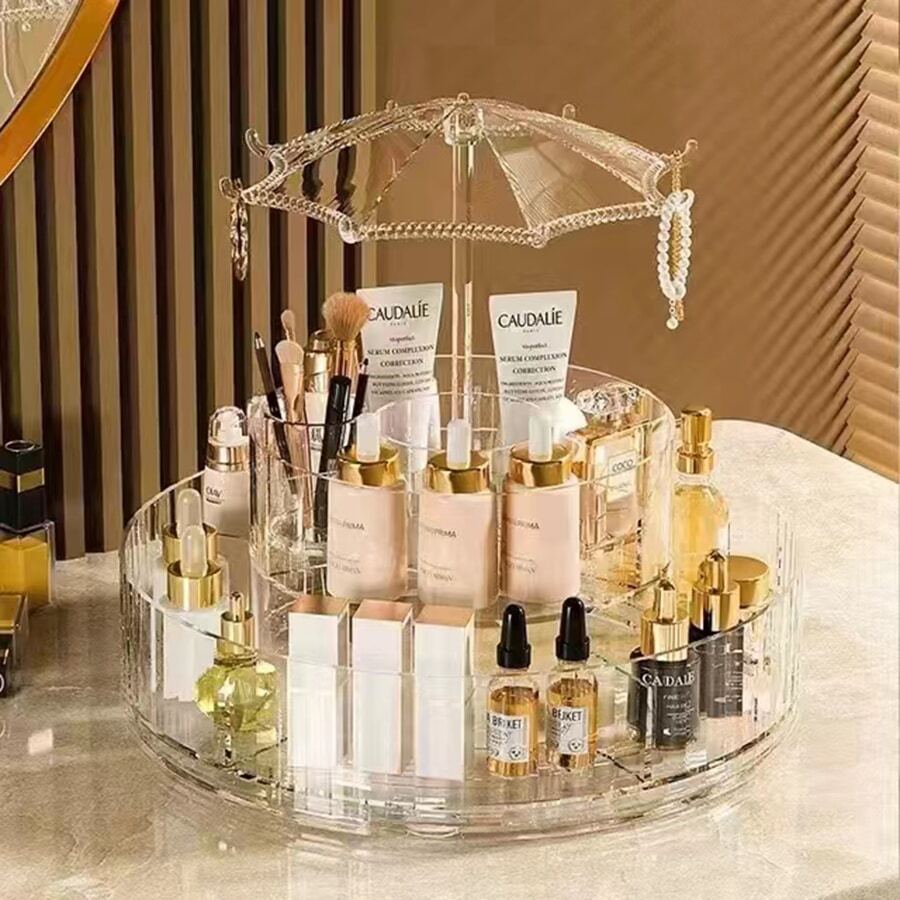 Rotating Cosmetic Organizer Box, Desktop Compartments, Rack For Lipsticks, Perfumes, Skin Care Products And Makeup Brushes On Vanity Table - 無色 - 查看 1
