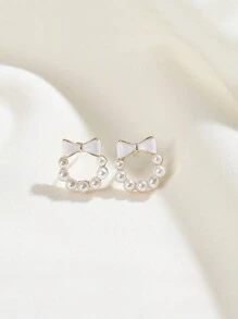 1 对蝴蝶结和温柔珍珠耳环，适合少女，很棒的礼物选择 - 彩色 - 查看 3