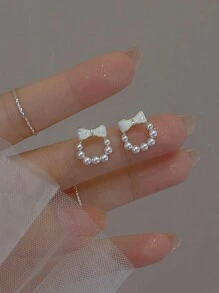 1 对蝴蝶结和温柔珍珠耳环，适合少女，很棒的礼物选择 - 彩色 - 查看 1